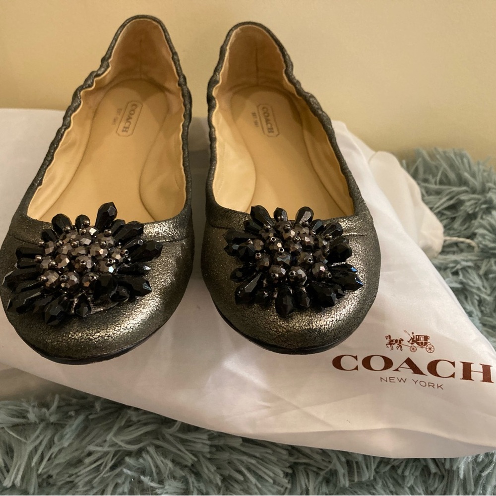 Coach Pewter Embellished Flats, size 9.5 (fits like 9)